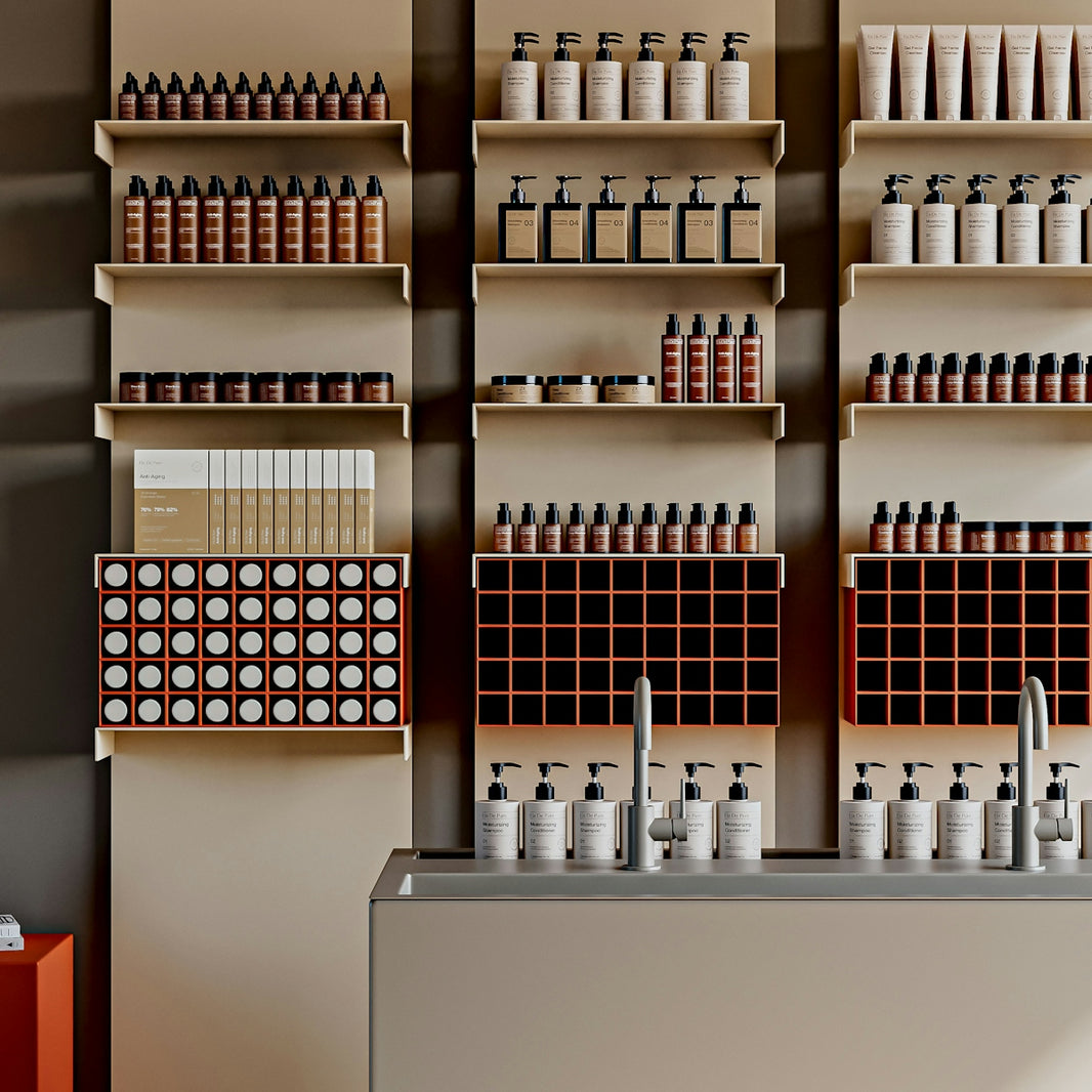 Shelves filled with various bottles and jars.