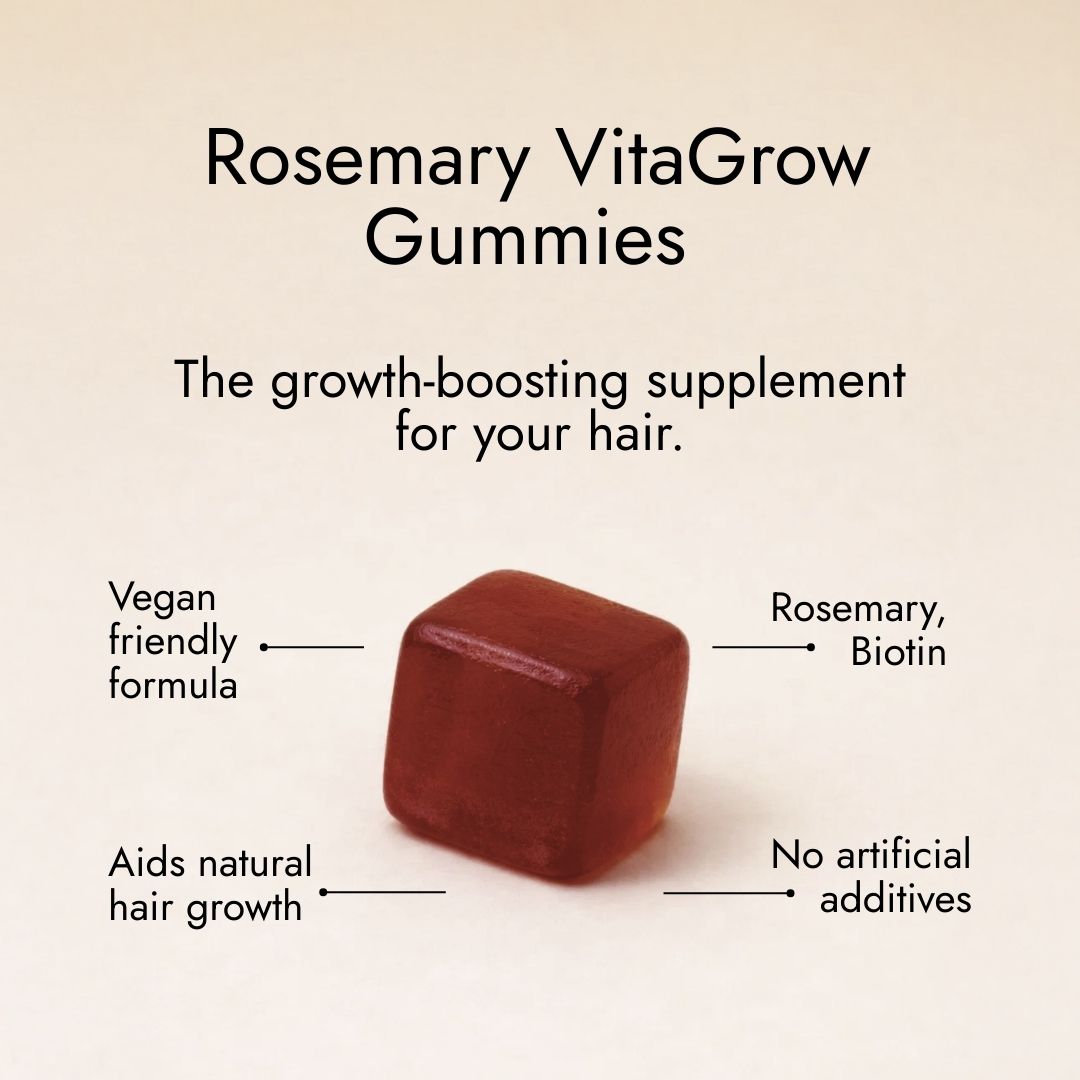 Rosemary hair oil company, vitagrow gummies, strawberry flavour, UK, hair growth, vegan, biotin, pumpkin seed extract, black seed extract, halal, AnaGain, pea sprout extract, thick hair, volume, vitamins, sugar free, biotin