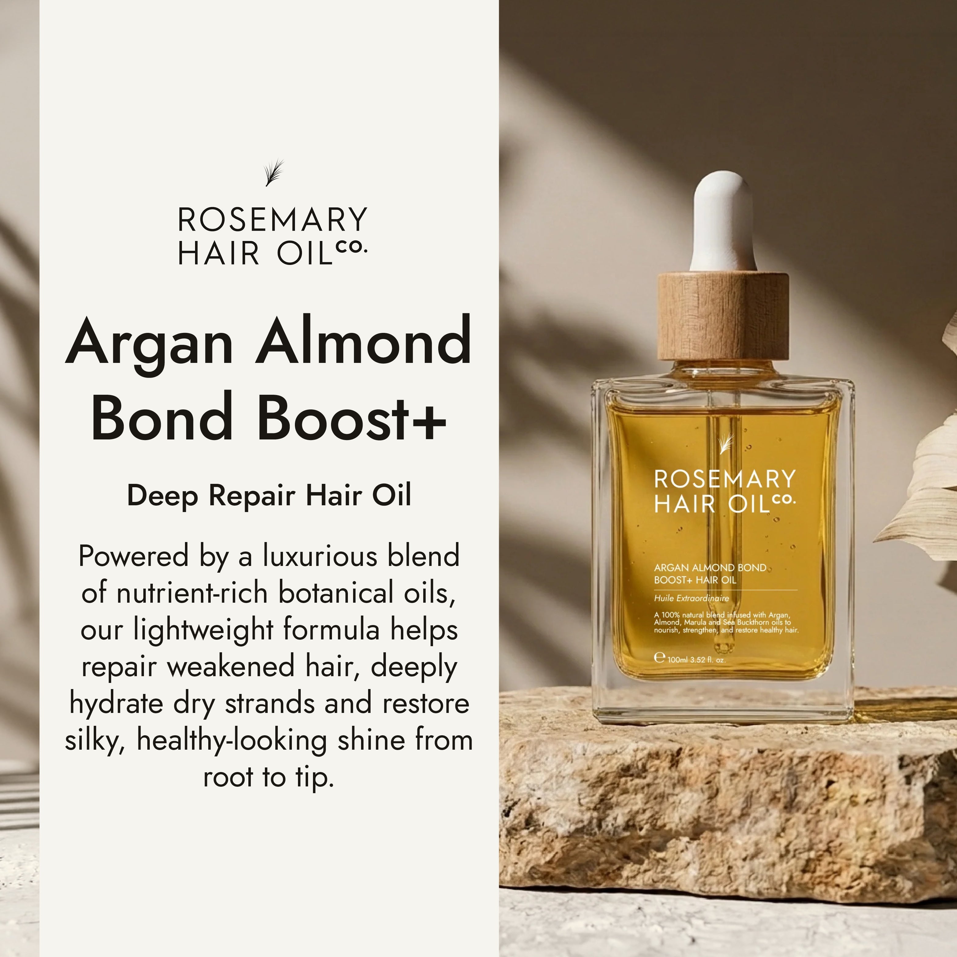 Rosemary hair oil bottle with dropper on a stone surface with natural light. Rosemary hair oil, argan, almond, bond, boost, hair growth, coconut oil, healthier, fuller-looking hair, stimulate, regrowth, hair thinning, natural, 100ml, 