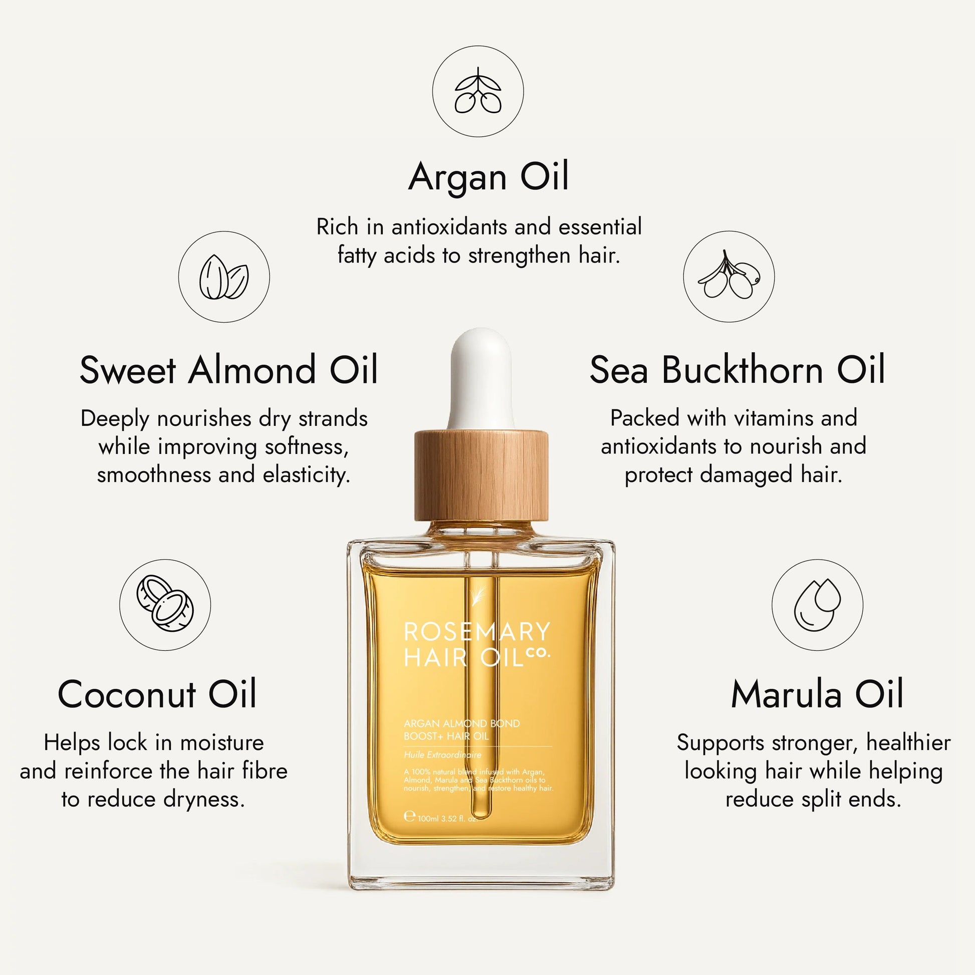 Rosemary hair oil bottle with dropper on a stone surface with natural light. Rosemary hair oil, argan, almond, bond, boost, hair growth, coconut oil, healthier, fuller-looking hair, stimulate, regrowth, hair thinning, natural, 100ml, ingredients