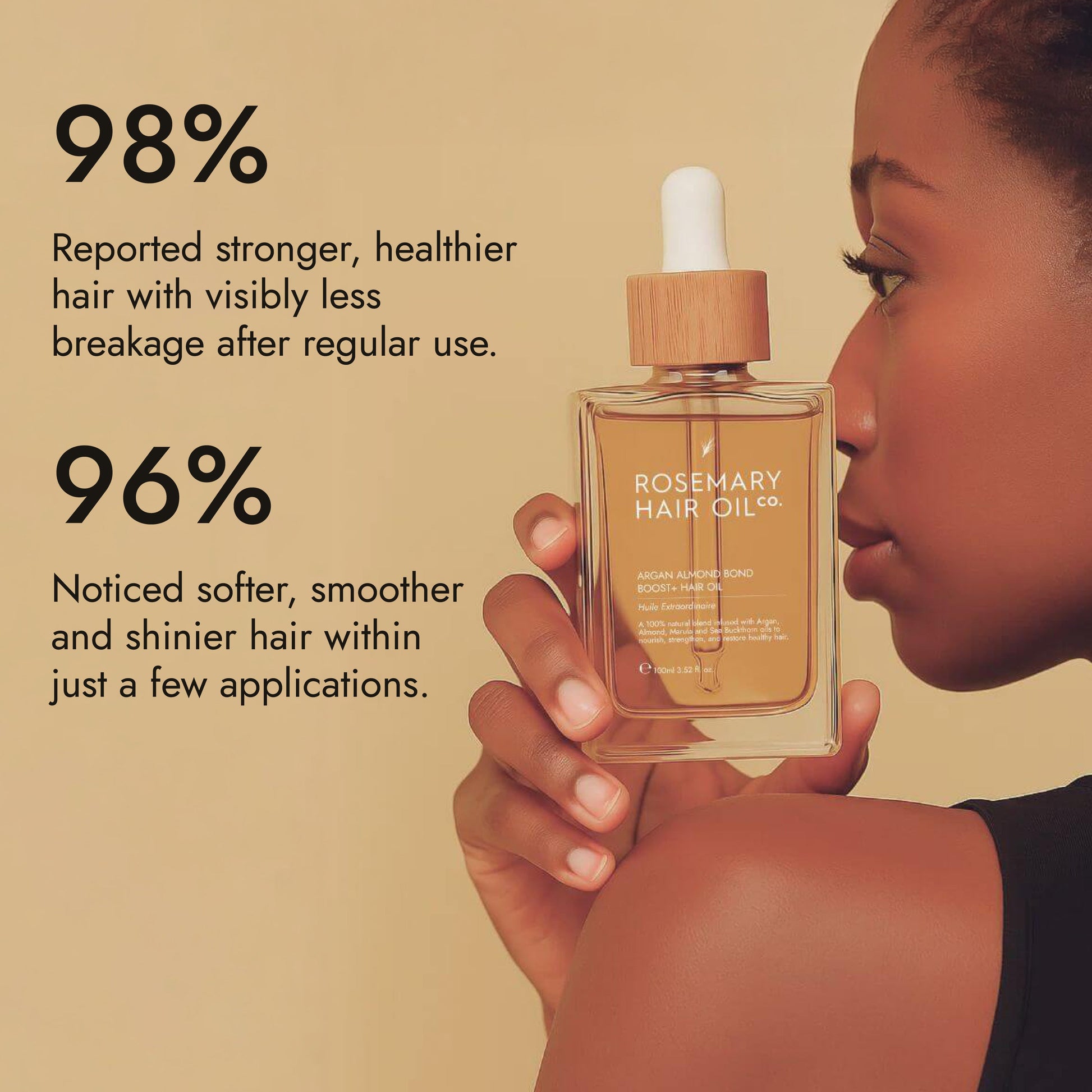 Rosemary hair oil bottle with dropper on a stone surface with natural light. Rosemary hair oil, argan, almond, bond, boost, hair growth, coconut oil, healthier, fuller-looking hair, stimulate, regrowth, hair thinning, natural, 100ml, 