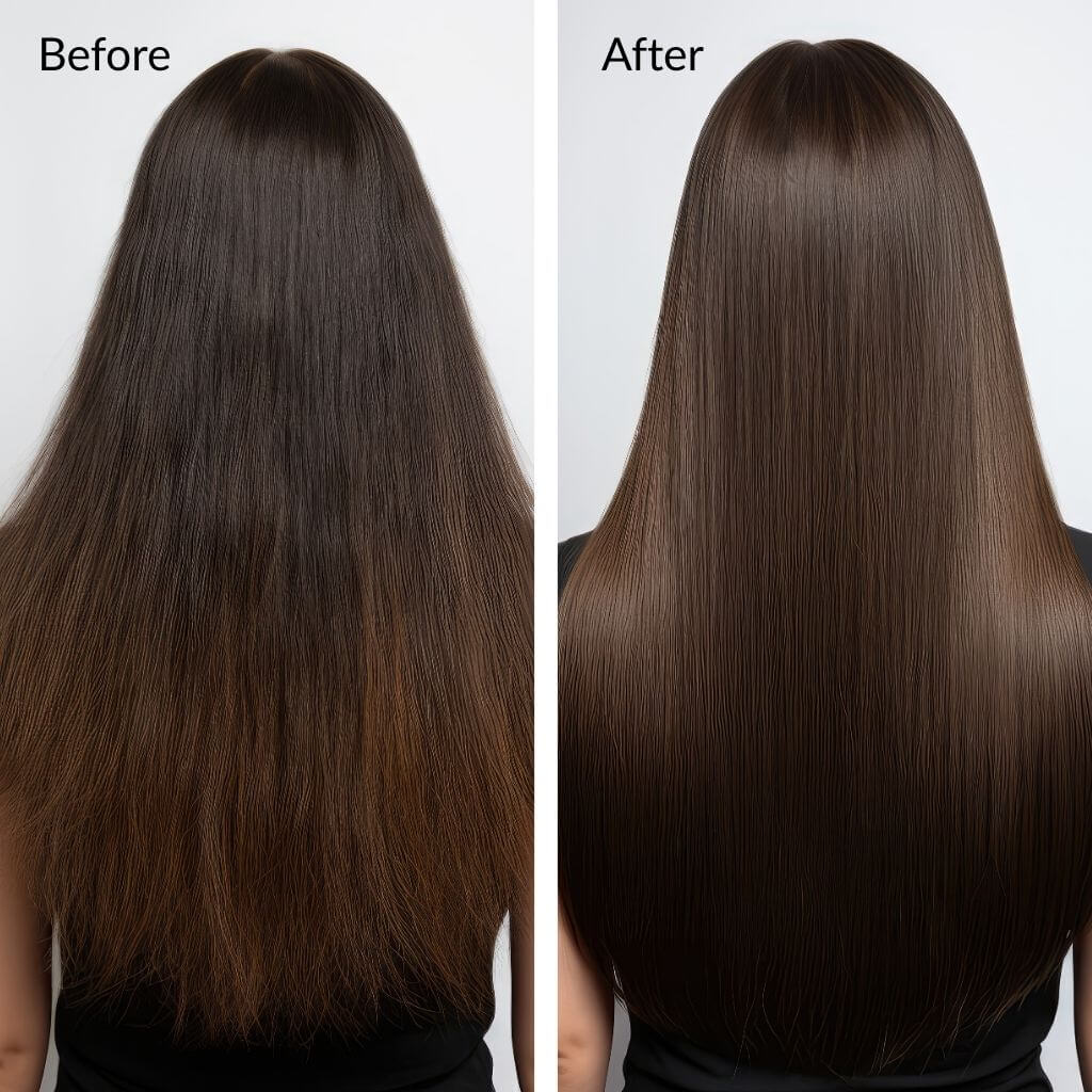 Before and after comparison of hair treatment on a person with long, straight hair. Luxury hair repair oil formulated with argan, almond and marula oils for intense nourishment