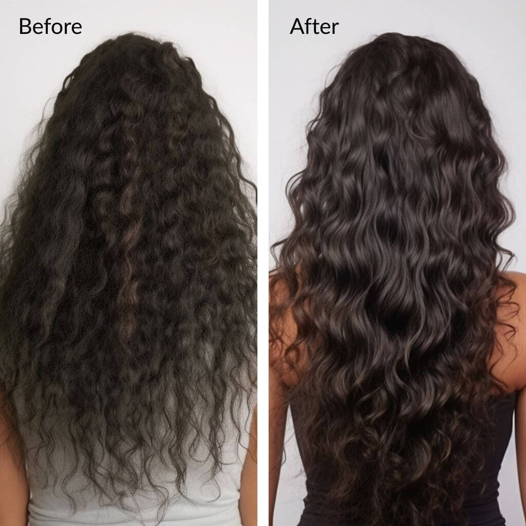Lightweight castor and camellia hair oil designed to strengthen roots and support longer hair, before and after results