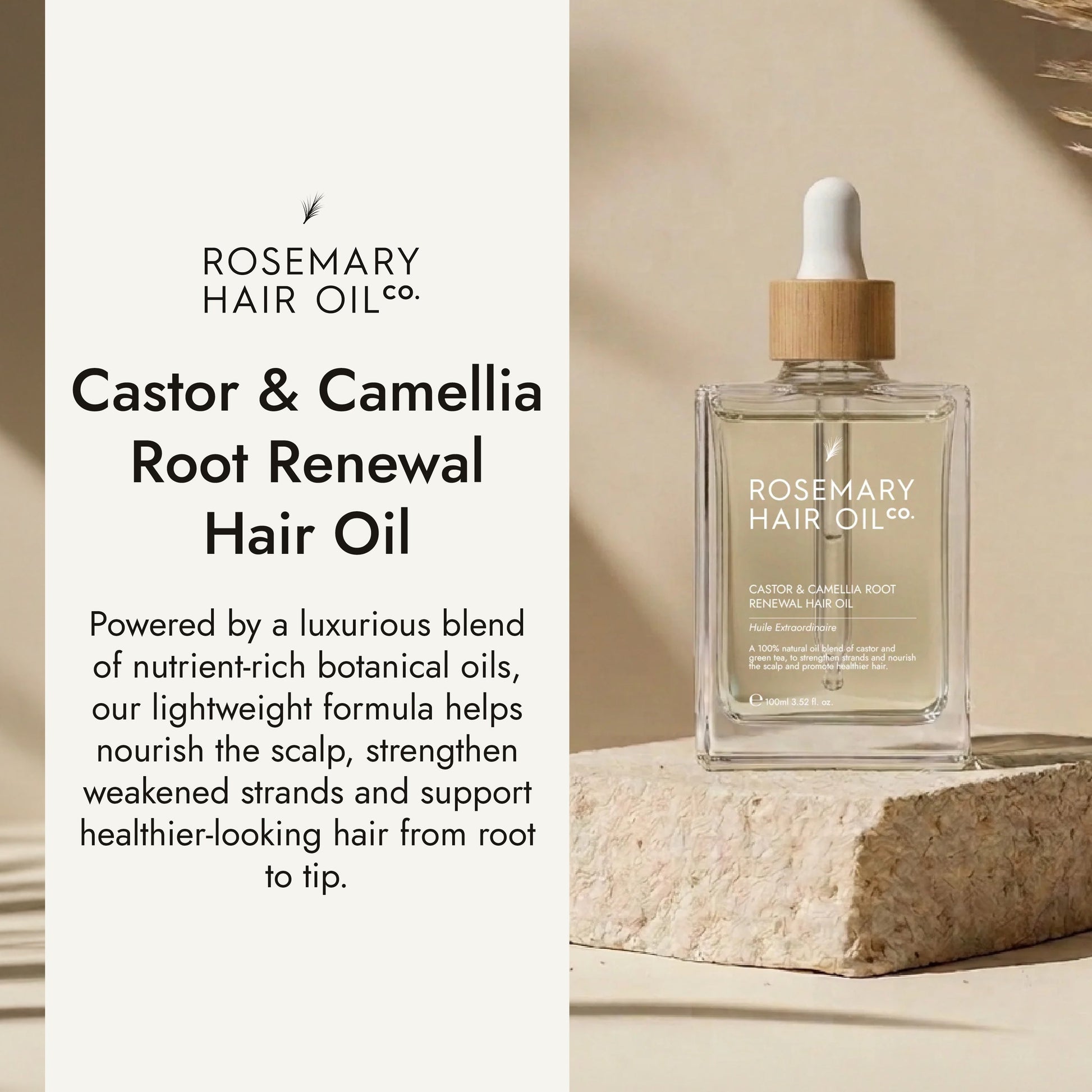Rosemary Hair Oil Co. bottle on a stone platform with a neutral background. Rosemary hair oil, castor oil, camellia oil, apricot oil, hair growth, healthier, fuller-looking hair, stimulate, regrowth, hair thinning, natural, 100ml