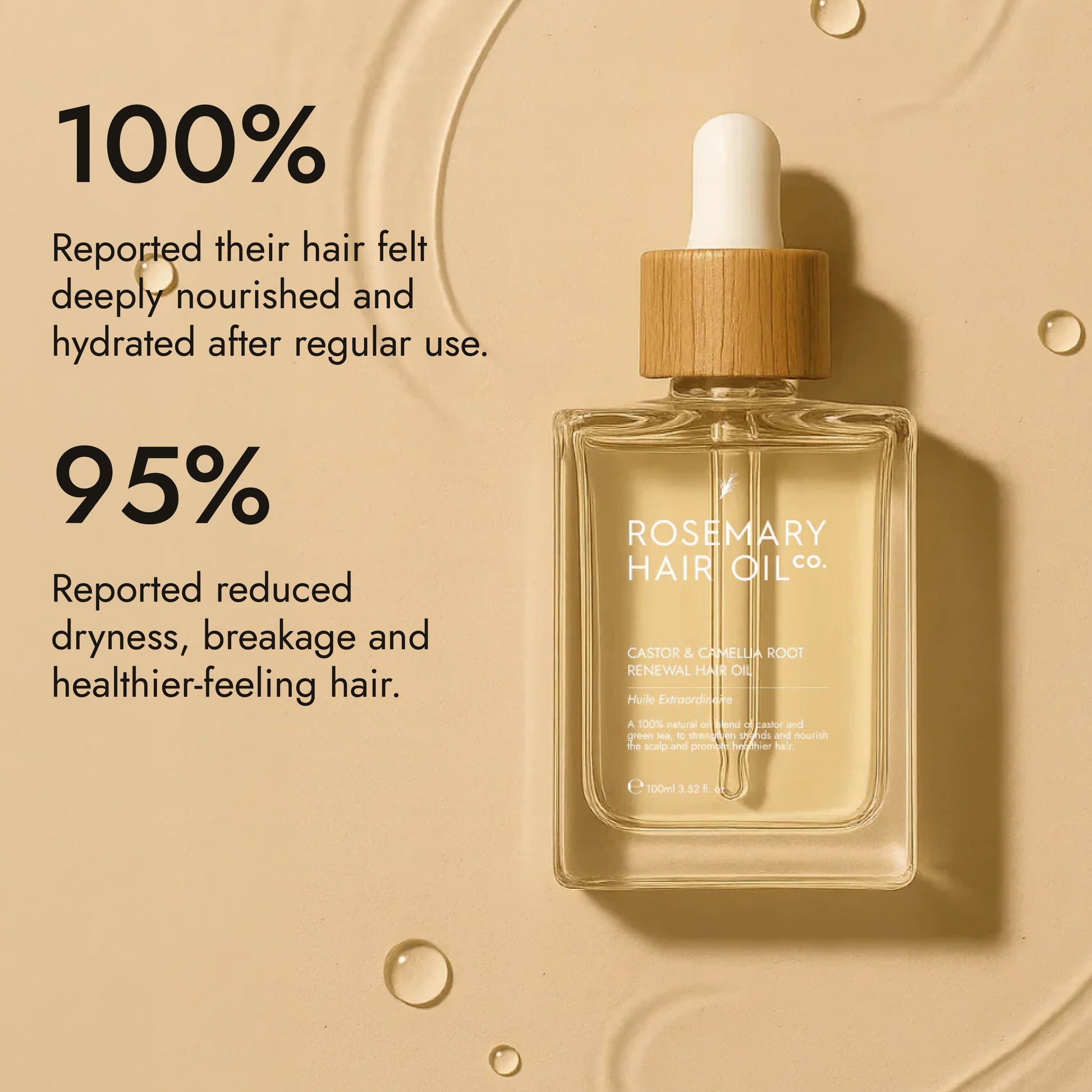 Rosemary Hair Oil Co. bottle on a stone platform with a neutral background. Rosemary hair oil, castor oil, camellia oil, apricot oil, hair growth, healthier, fuller-looking hair, stimulate, regrowth, hair thinning, natural, 100ml