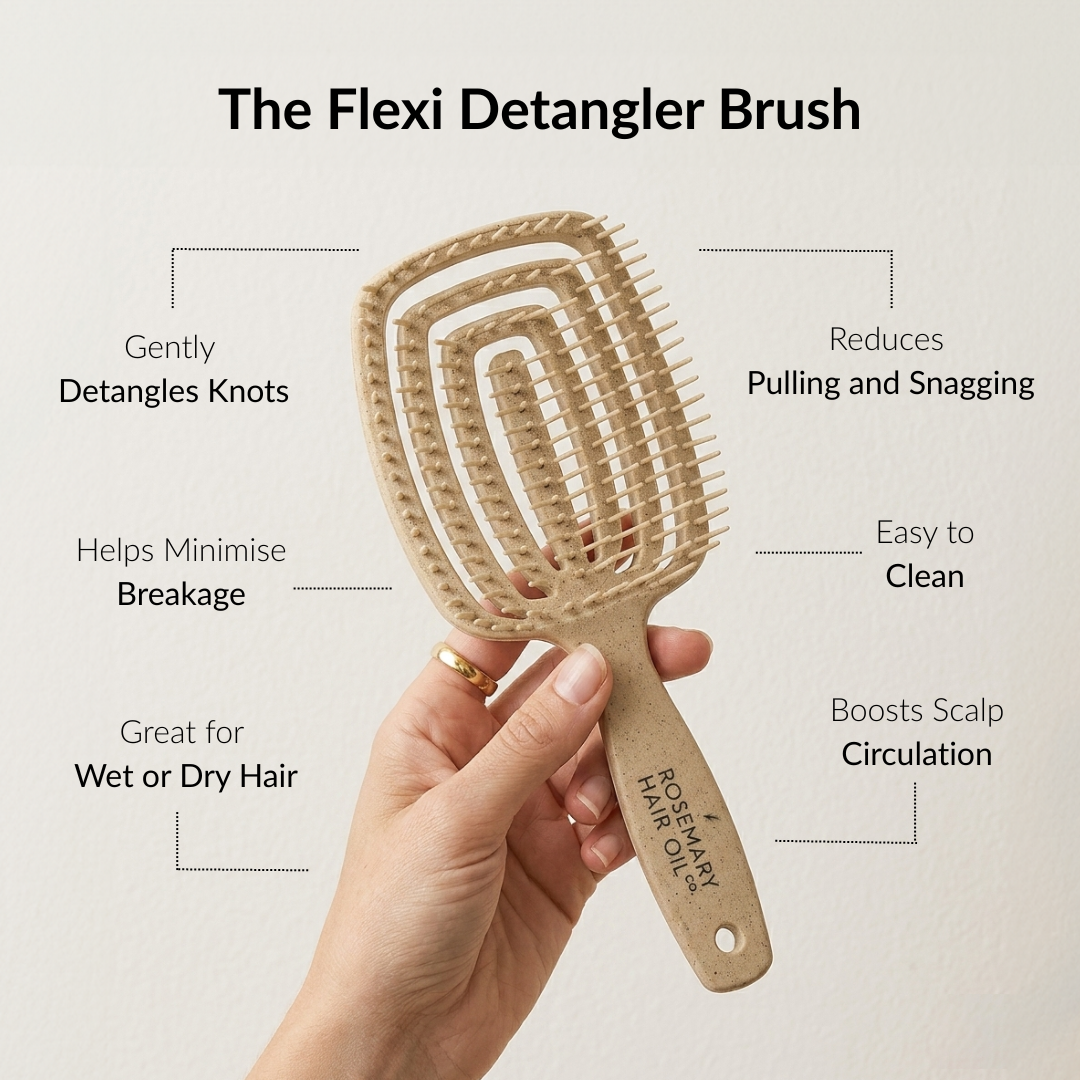 Flexi detangler brush held by a hand with text highlighting its features on a light background, Beige hairbrush with 'Rosemary Hair Oil Co.' branding on a beige background, detangle brush, tangle teaser, flexi brush