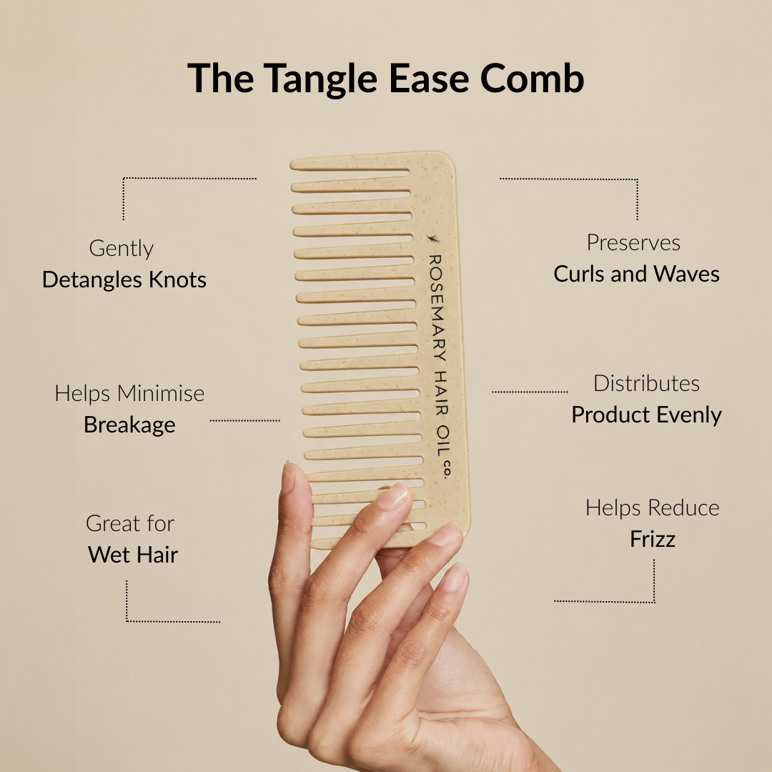Wooden comb with text on a beige background, Beige comb with 'Rosemary Hair Oil Co.' branding on a beige background, wide tooth flat comb, 