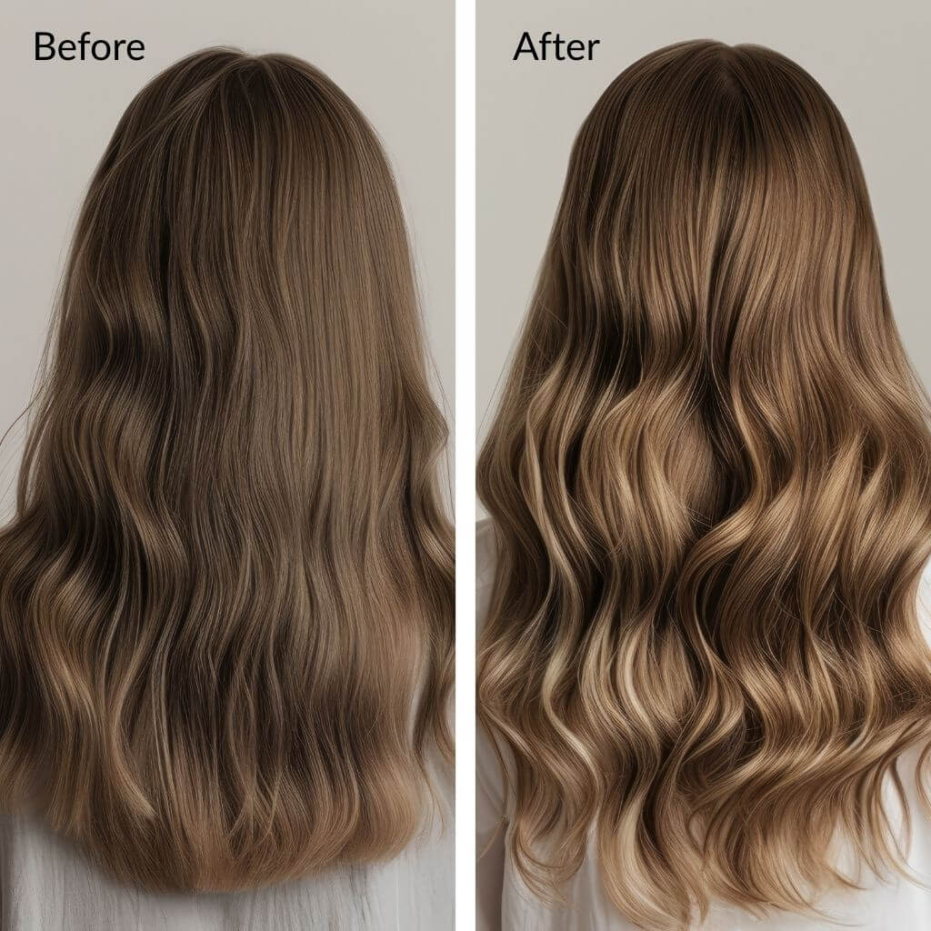 Before and after comparison of wavy hair color change. Hydrating honey conditioner for stronger, smoother and healthier-looking hair. Hair Honey Pro-Keratin Growth Conditioner