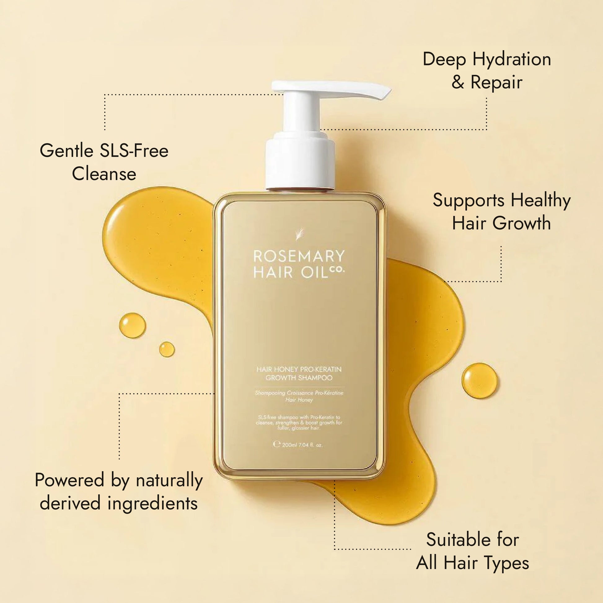 Rosemary hair oil, hair honey, pro-keratin growth, shampoo, hydrating, nourishing, honey, argan oil, sweet almond oil, vitamin E, frizz, dryness, breakage, natural, protect, healthy hair, growth, hair growth, SLS-free, 200ml, benefits