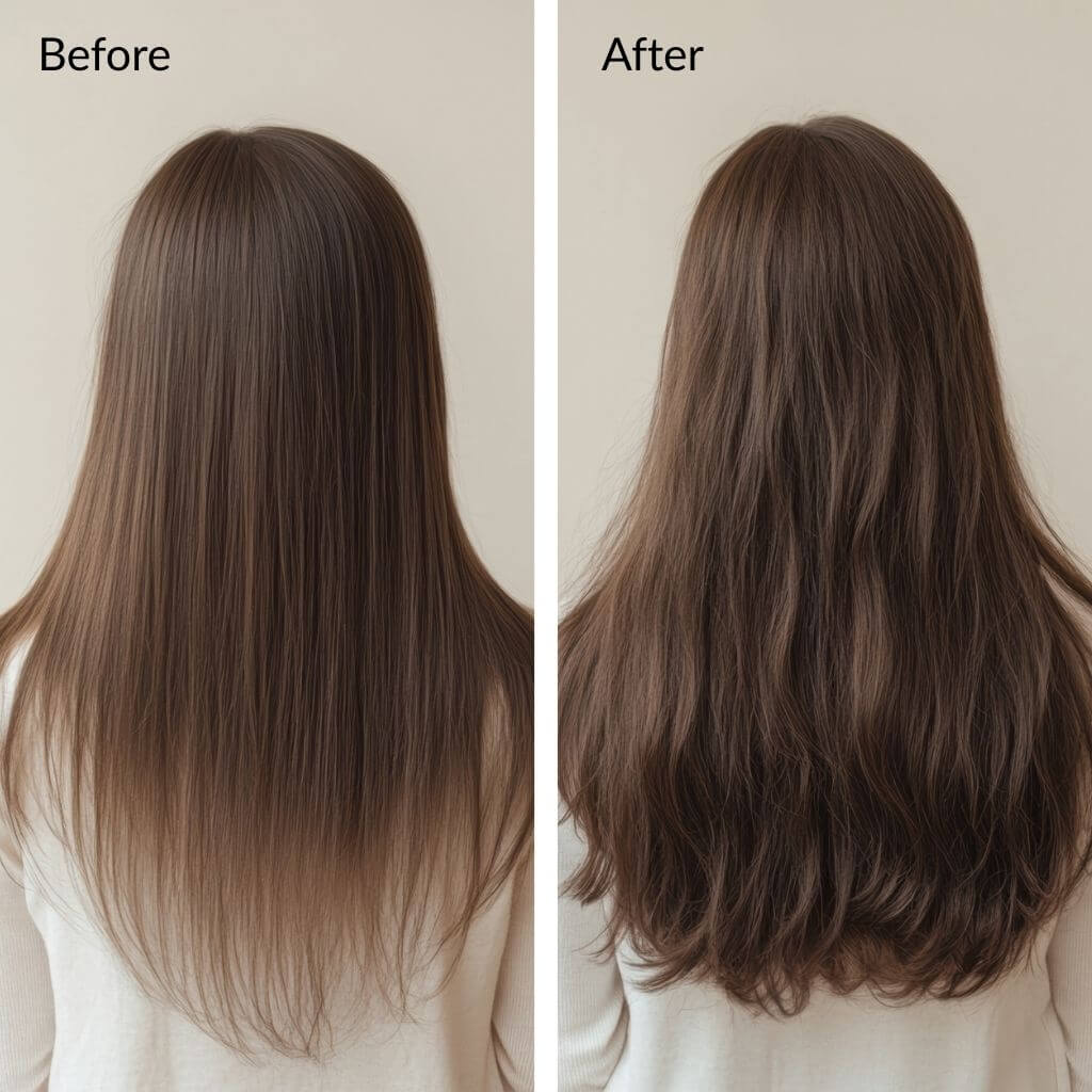 Before and after comparison of hair styling on a plain background, Gentle sulfate-free shampoo with honey and keratin for healthier, shinier hair