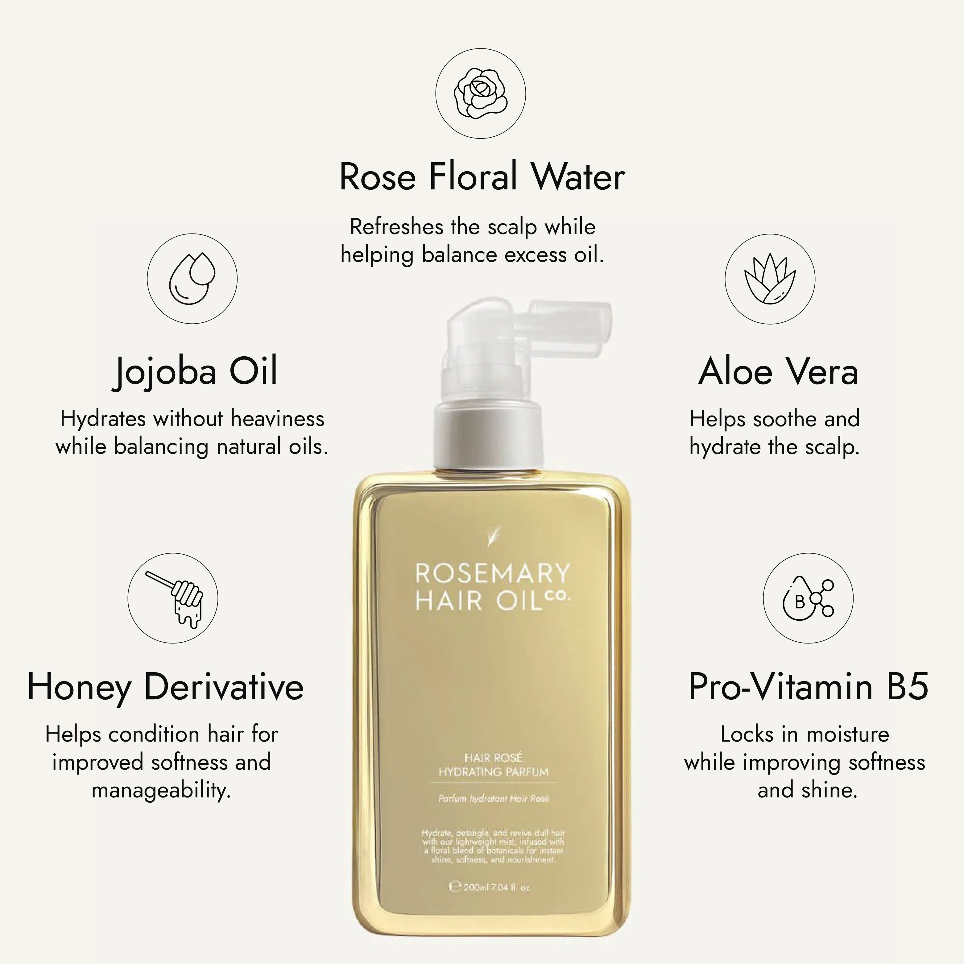 Hair Rosé Hydrating Parfum Mist. Rosemary hair oil, hair rose, hydrating parfum, fragrance, rosewater, jojoba oil, nourishing, natural, protect, healthy hair, growth, hair growth, 200ml, ingredients