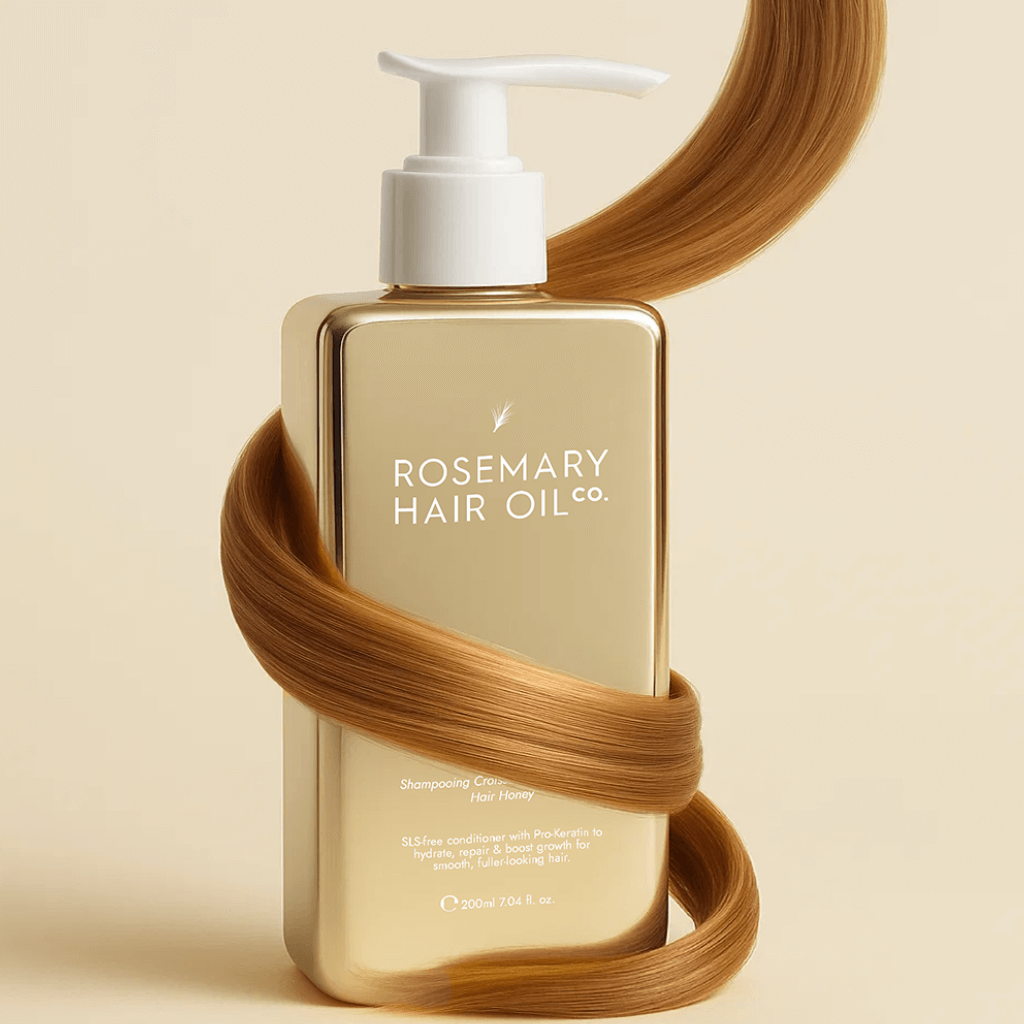 Rosemary Hair Oil Co. bottle with a pump and brown hair strands on a beige background. Hydrating honey conditioner for stronger, smoother and healthier-looking hair