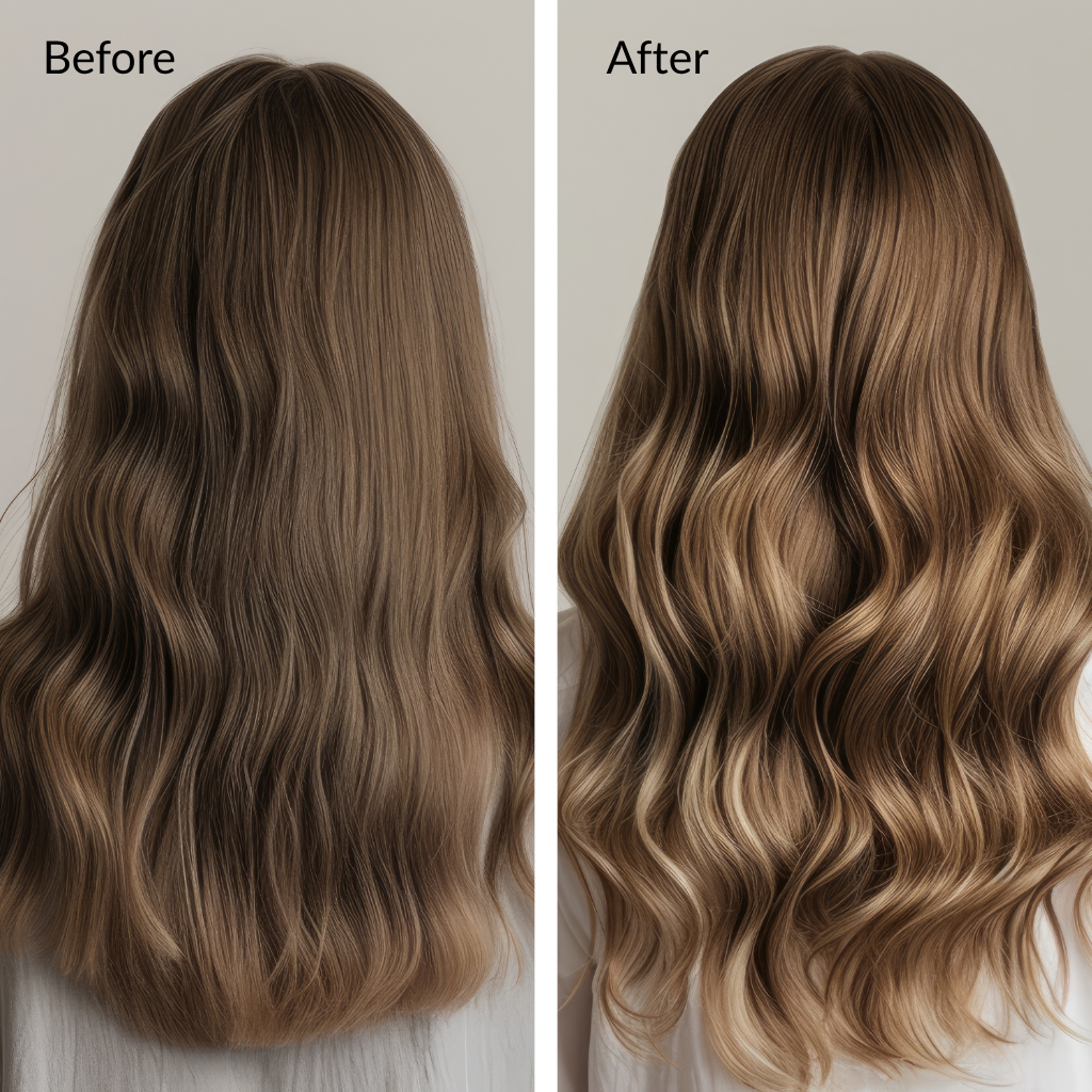 Before and after comparison of wavy hair with a neutral background. Hair Rosé Hydrating Parfum Mist. Lightweight nourishing hair mist with rose and honey for daily hydration and shine