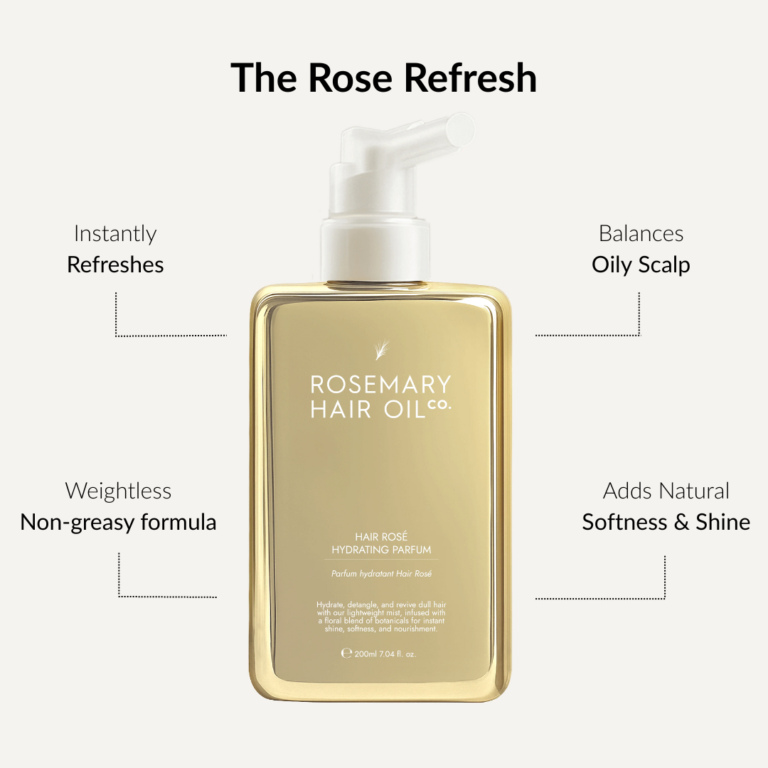 Gold bottle of Rosemary Hair Oil Co. with text highlighting features on a white background, Hair Rosé Hydrating Parfum Mist