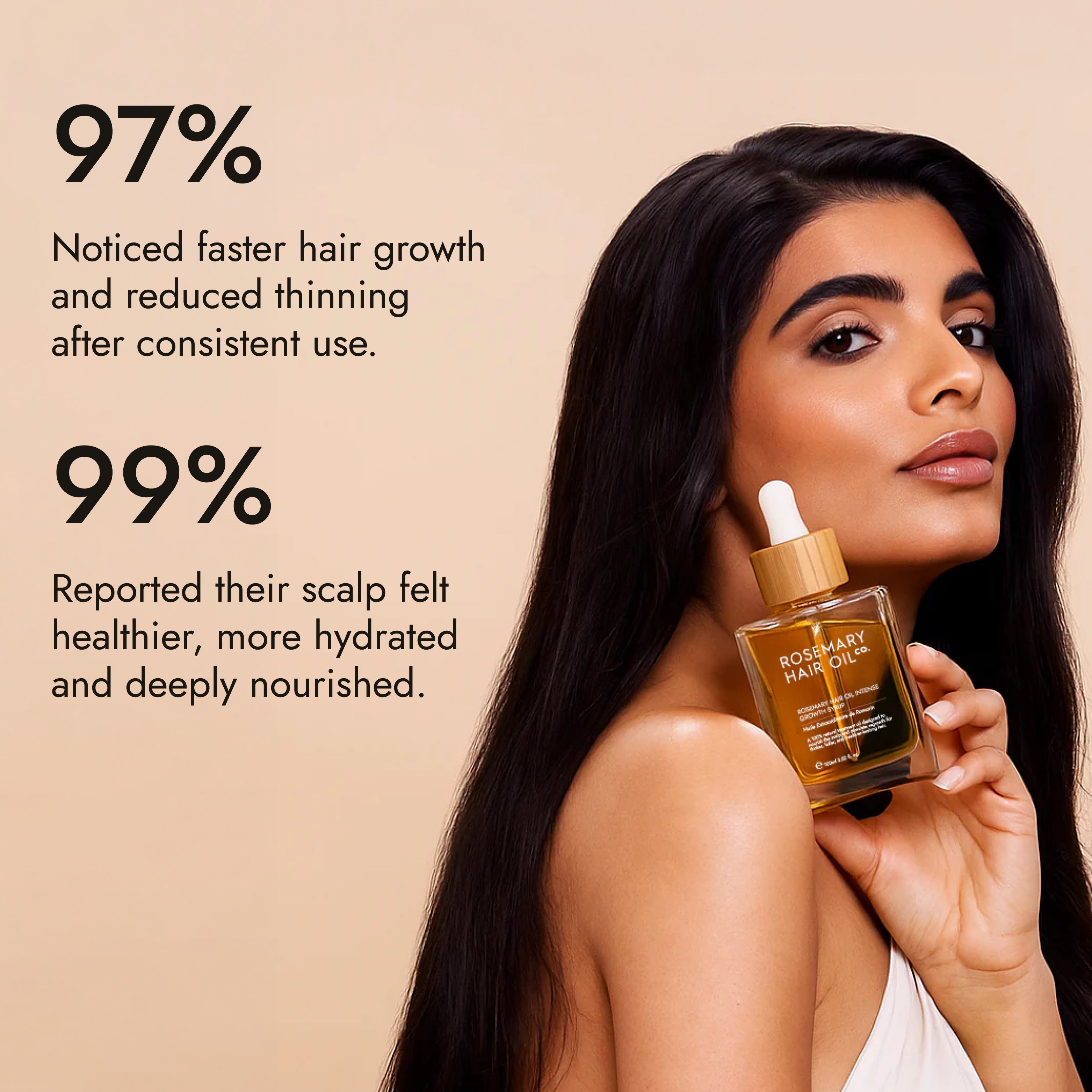 Rosemary hair oil bottle with dropper on a beige background, featuring Marie Claire Hair Awards 2026 winner badge. Rosemary hair oil, intense growth syrup, hair growth, rosemary oil, healthier, fuller-looking hair, castor oil, sunflower seed oil, stimulate, regrowth, hair thinning, natural, best hair growth oil 
