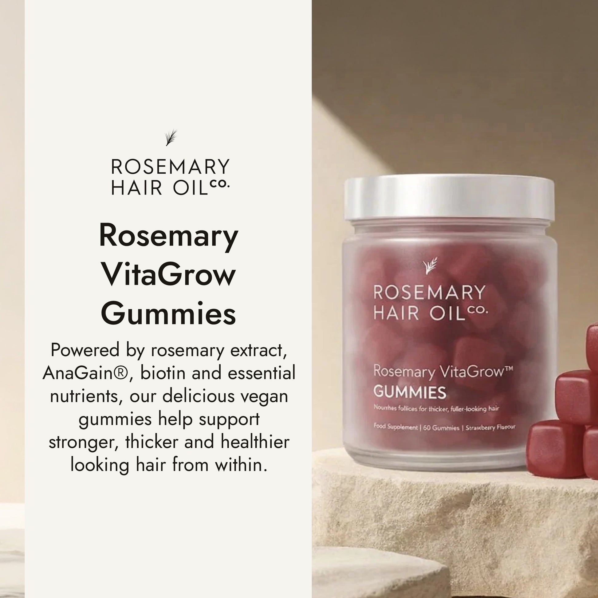 Rosemary hair oil company, vitagrow gummies, strawberry flavour, UK, hair growth, vegan, biotin, pumpkin seed extract, black seed extract, halal, AnaGain, pea sprout extract, thick hair, volume, vitamins, sugar free