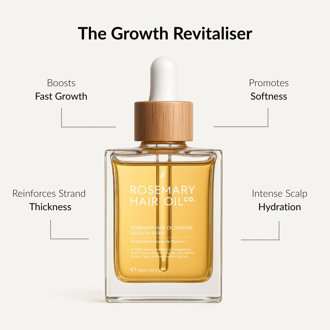 Rosemary hair oil bottle with dropper. Intensive rosemary oil treatment for scalp stimulation, reduced shedding and thicker-looking hair