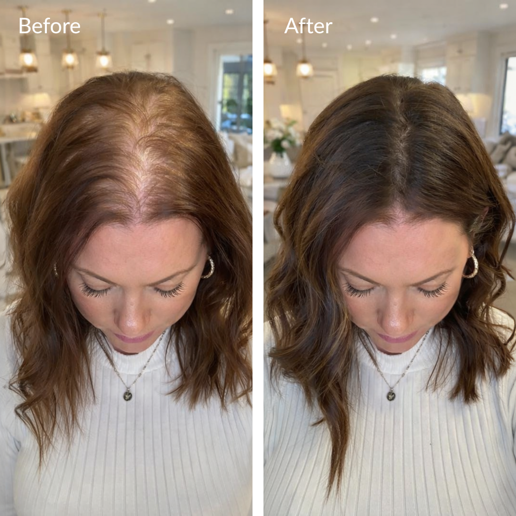 Before and after comparison of a woman's hair color change in a well-lit room. Before and after hair growth transformation using rosemary hair oil