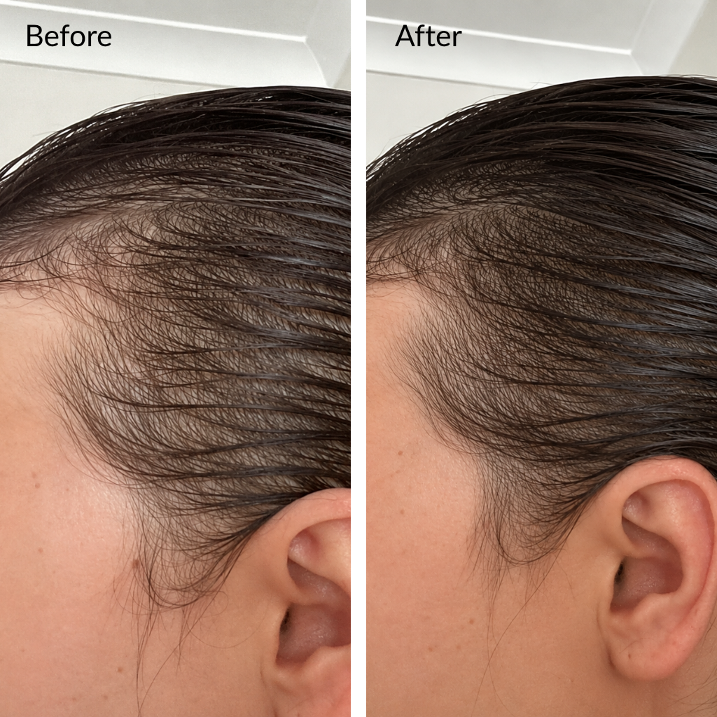 Before and after comparison of hair growth on a person's head. Before and after hair growth transformation using rosemary hair oil