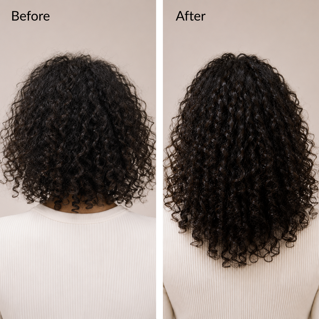 Before and after comparison of curly hair on a person wearing a white shirt. Before and after hair growth transformation using rosemary hair oil