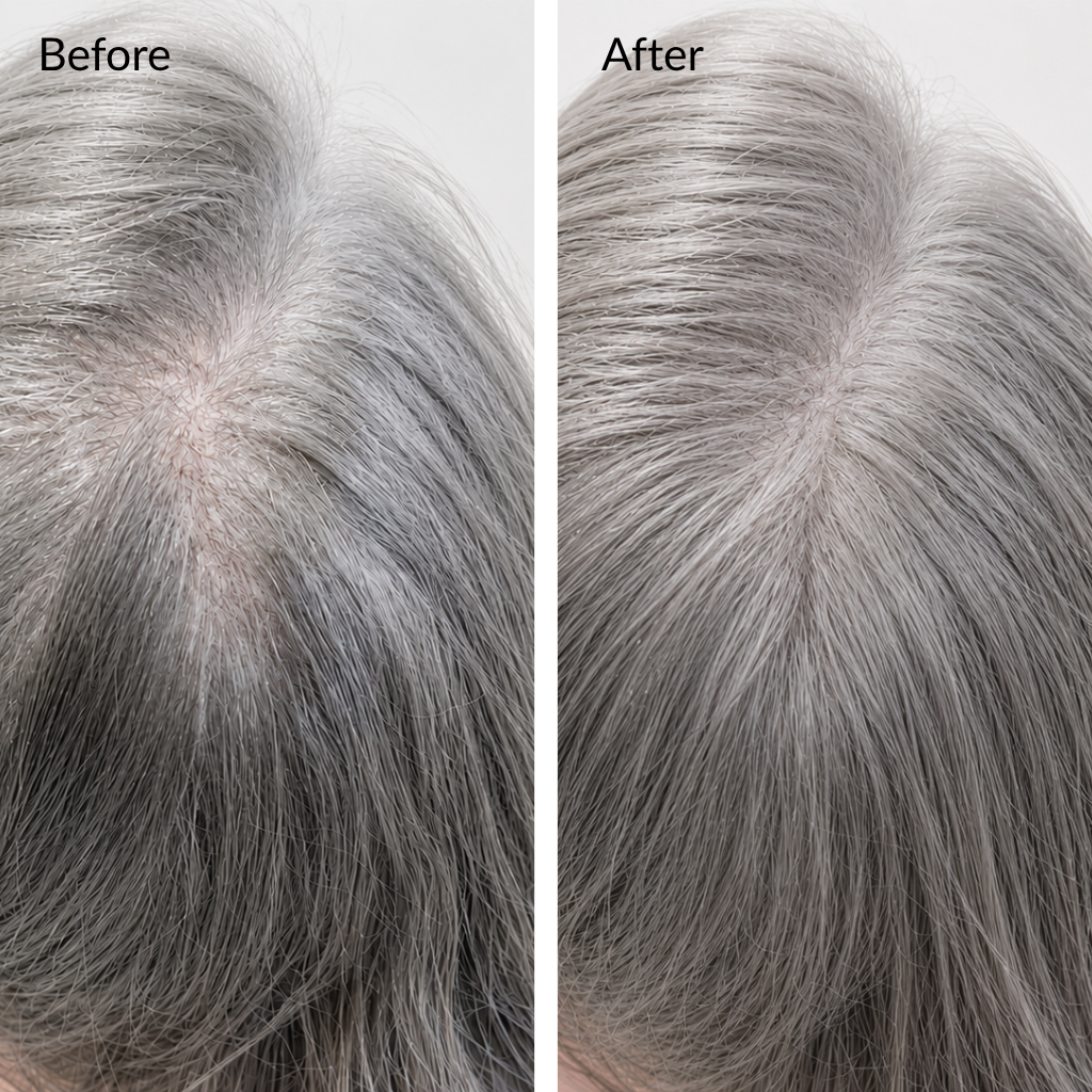 Before and after comparison of gray hair treatment on a person's head. Before and after hair growth transformation using rosemary hair oil