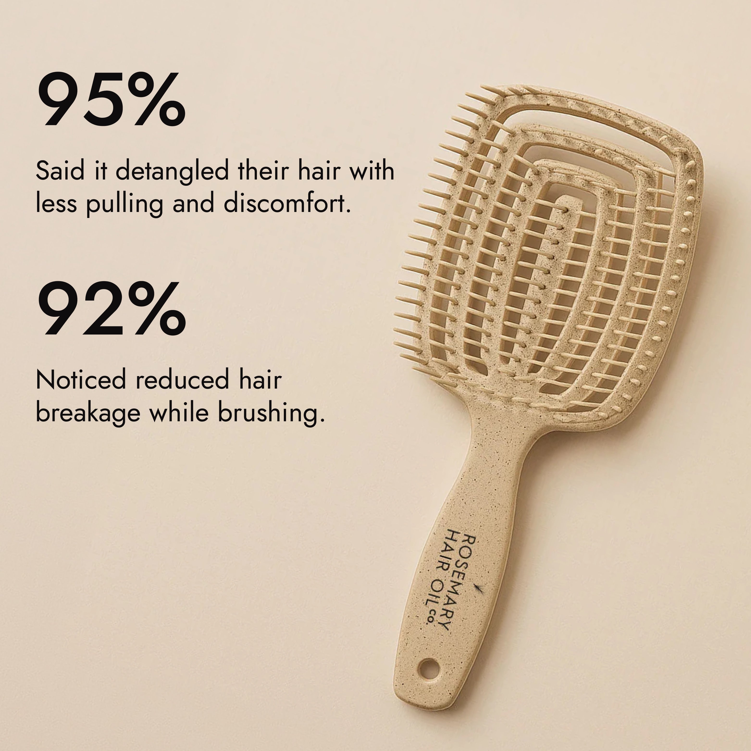 Beige hairbrush with 'Rosemary Hair Oil Co.' branding on a beige background, detangle brush, tangle teaser, flexi brush