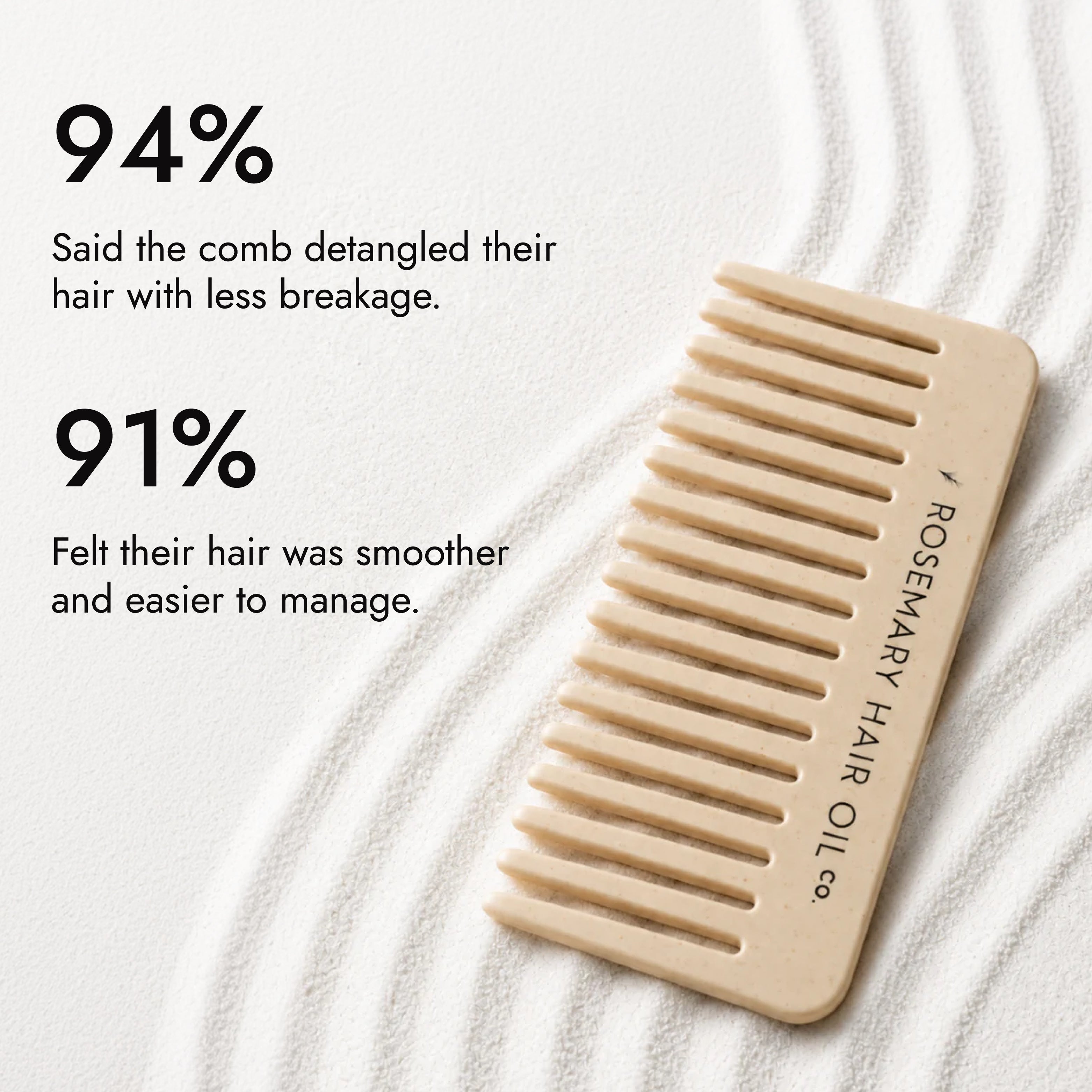 Beige comb with 'Rosemary Hair Oil Co.' branding on a beige background, wide tooth flat comb