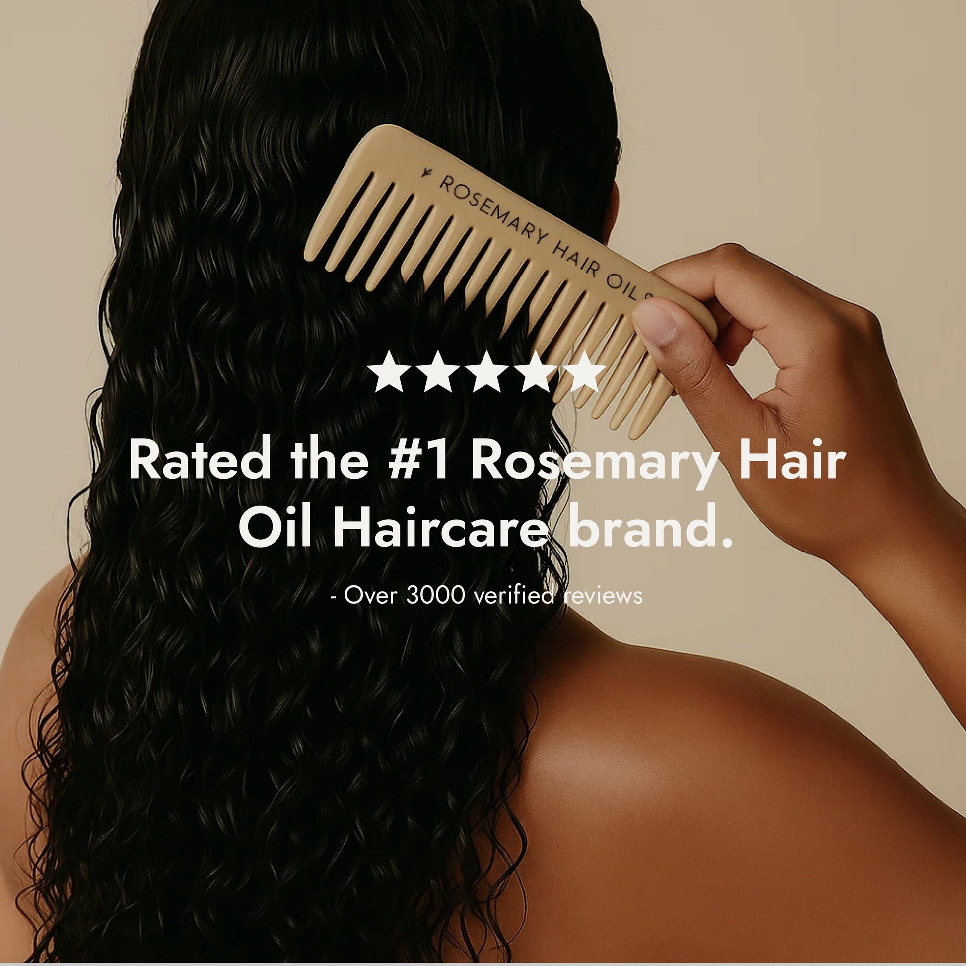 Beige comb with 'Rosemary Hair Oil Co.' branding on a beige background, wide tooth flat comb, review, 5 star