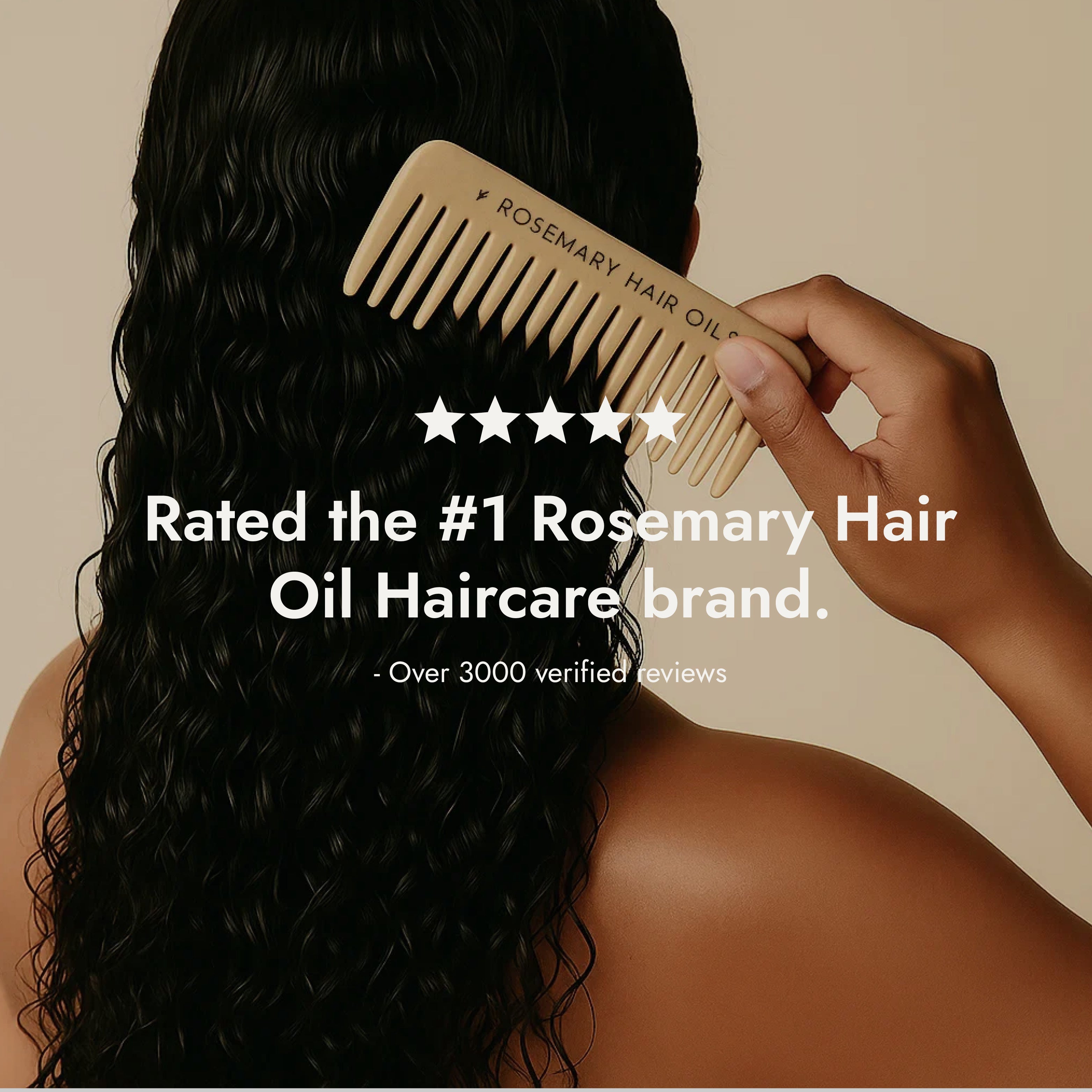 Beige comb with 'Rosemary Hair Oil Co.' branding on a beige background, wide tooth flat comb, review, 5 star