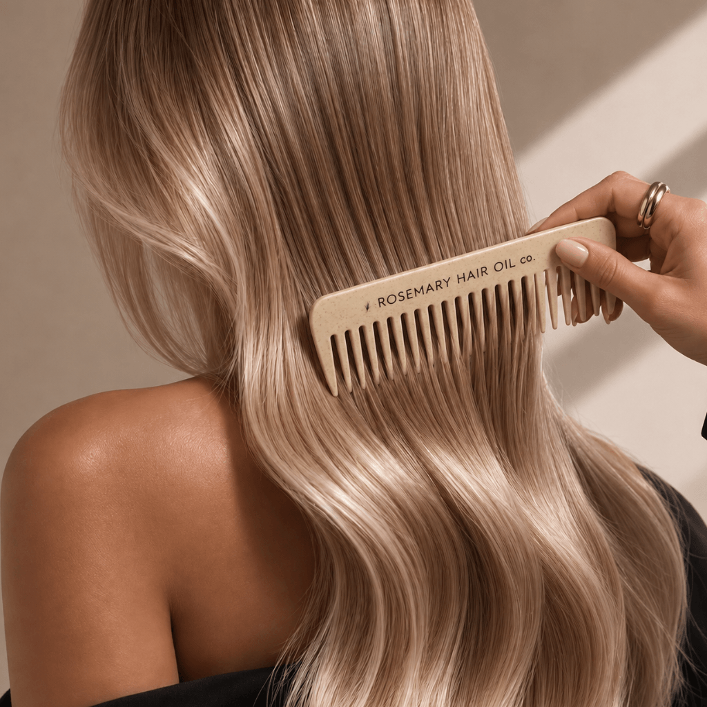 A close-up lifestyle shot of a person with long, wavy blonde hair using a light beige wooden comb branded '# ROSEMARY HAIR OIL co.' The hand holding the comb is visible against a warm beige background.