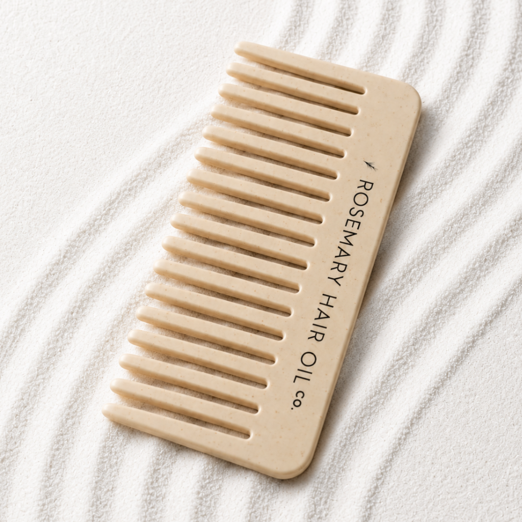 Beige comb with 'Rosemary Hair Oil Co.' branding on a beige background, wide tooth flat comb, 