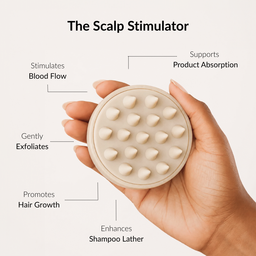 Hand holding a scalp stimulator with text highlighting its benefits on a white background. Rosemary hair oil, scalp massager, soothe, essential, hair growth, stimulate, health, haircare, UK