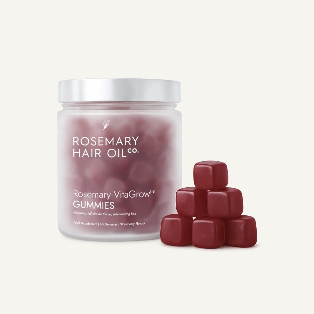 Rosemary hair oil company, vitagrow gummies, strawberry flavour, UK, hair growth, vegan, biotin, pumpkin seed extract, black seed extract, halal, AnaGain, pea sprout extract, thick hair, volume, vitamins, sugar free