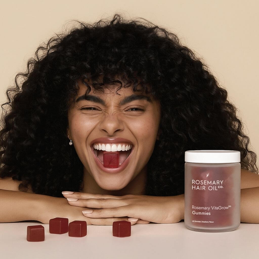 Rosemary hair oil company, vitagrow gummies, strawberry flavour, UK, hair growth, vegan, biotin, pumpkin seed extract, black seed extract, halal, AnaGain, pea sprout extract, thick hair, volume, vitamins, sugar free