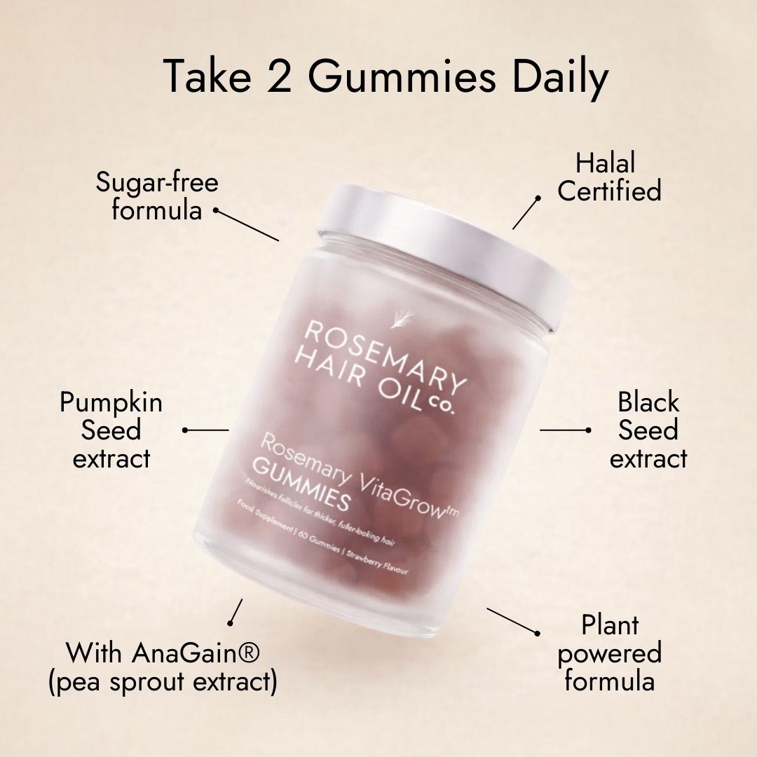 Rosemary hair oil company, vitagrow gummies, strawberry flavour, UK, hair growth, vegan, biotin, pumpkin seed extract, black seed extract, halal, AnaGain, pea sprout extract, thick hair, volume, vitamins, sugar free