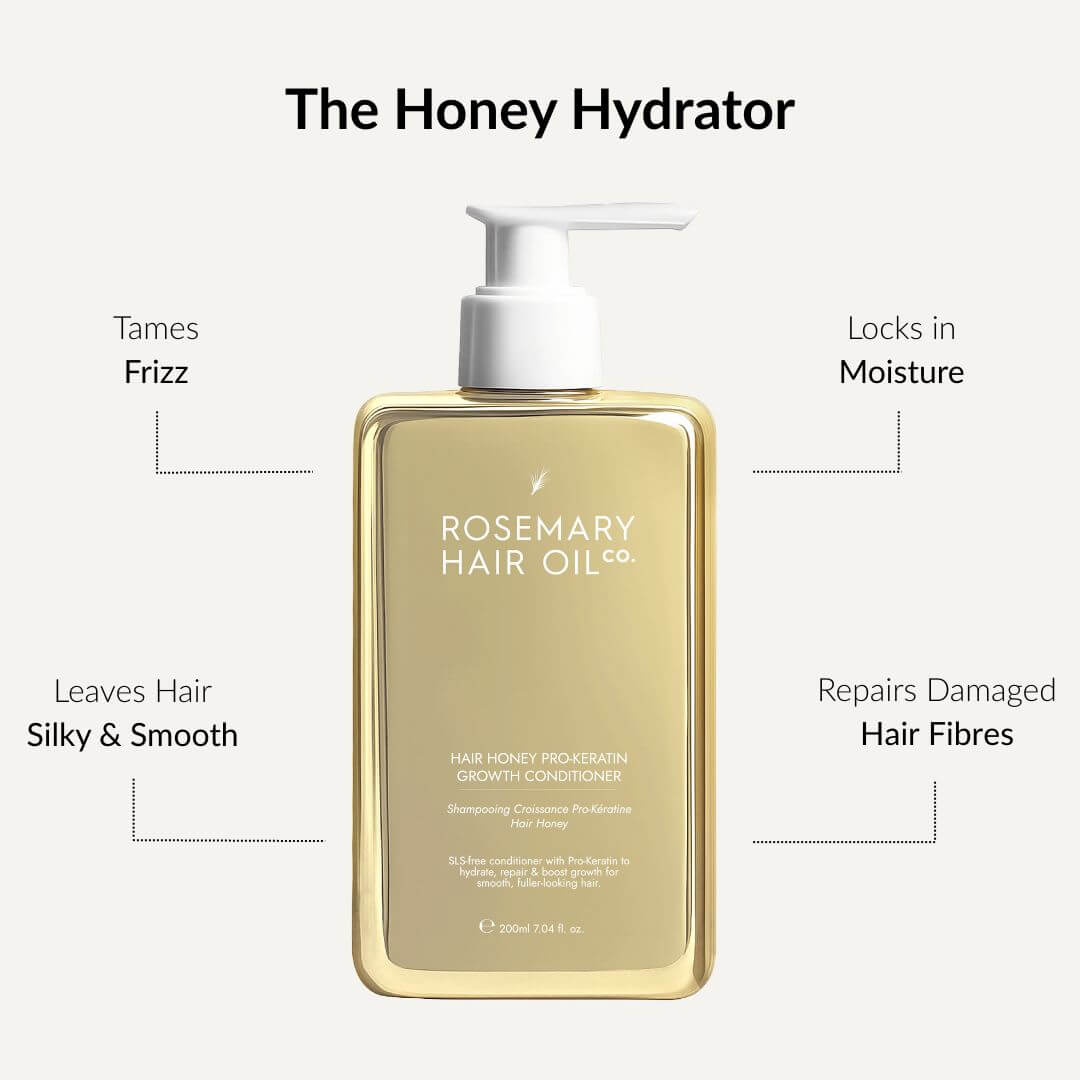 Rosemary Hair Oil Co. hair oil bottle with features listed on a white background. Hair Honey Pro-Keratin Growth Conditioner